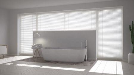 Scandinavian bathroom, white minimalistic interior design